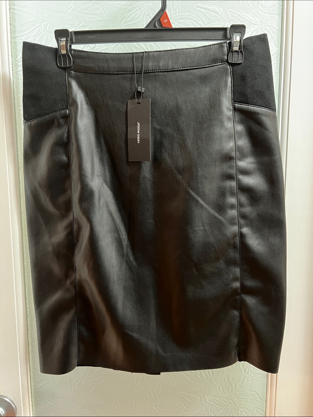 Vero Moda Black Faux Leather Pencil Skirt with Knit Panels